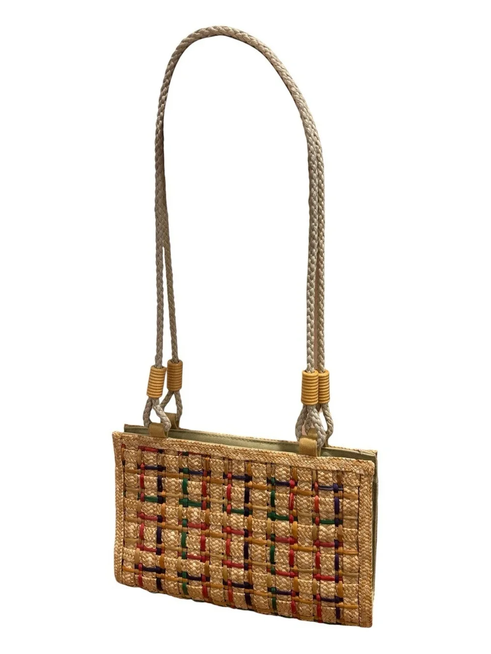 WOVEN STRAW MULTI-COLOR NEUTRAL COLOR SHOULDER BAG W BRAIDED ROPE & WOOD HANDLES